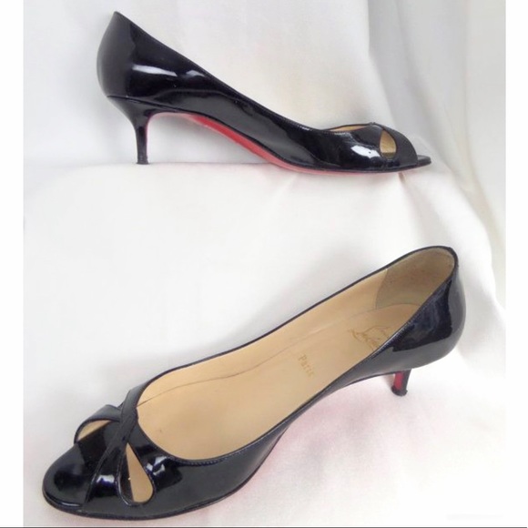 Christian Louboutin Shoes - CHRISTIAN LOUBOUTIN BLACK PATENT LEATHER PEEP TOE PUMP WITH KITTEN HEELS